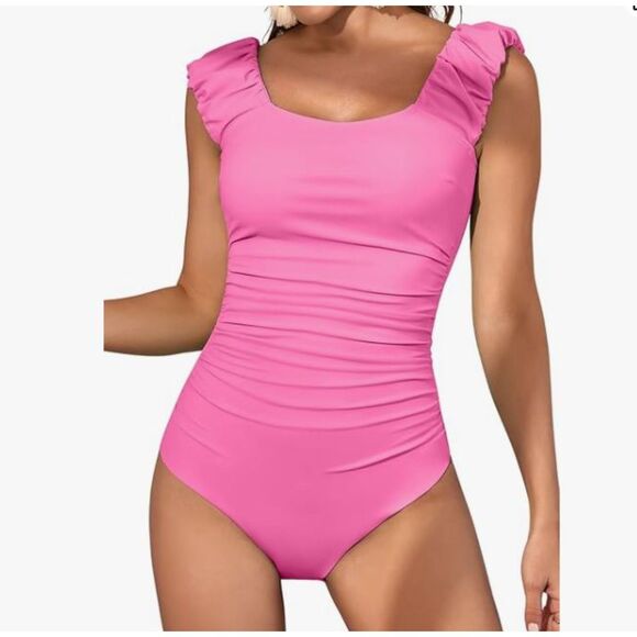 NEW Eomenie Pink Swimsuit Puff Sleeve One Piece Large NWT Removable Cups - Picture 1 of 6